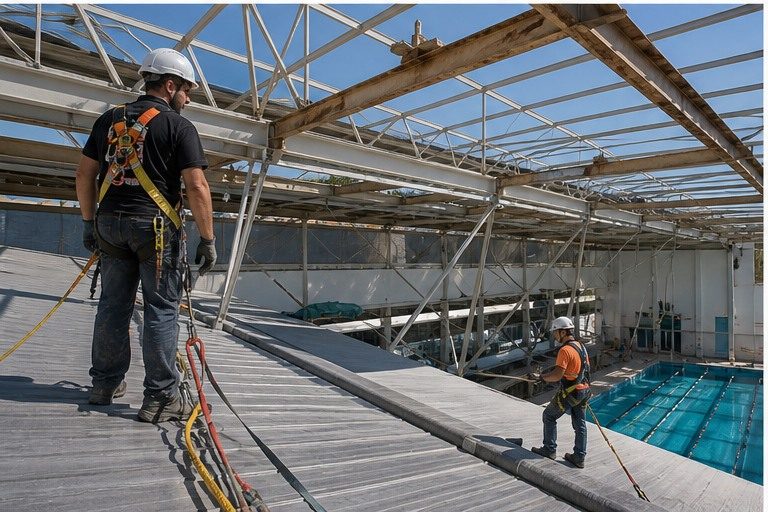 Trabajadores rehabilitando la cubierta de una piscina municipal